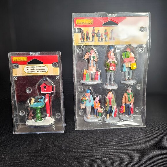 Two Sets of Lemax Village Collection Figurines Holiday Shoppers & Birdbath - Picture 1 of 14